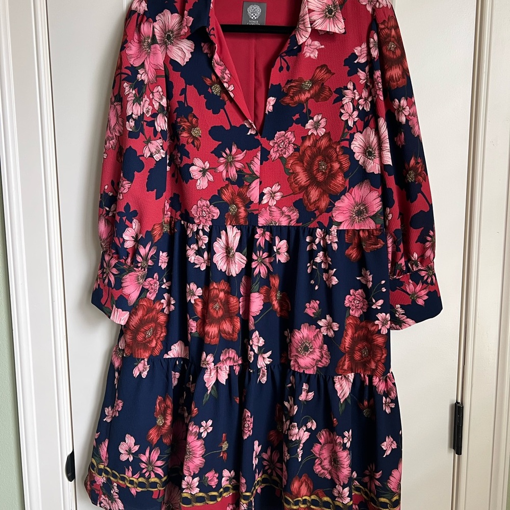 Vince Camuto Navy Floral Long Sleeve Tiered Dress with Pink and Red Blooms